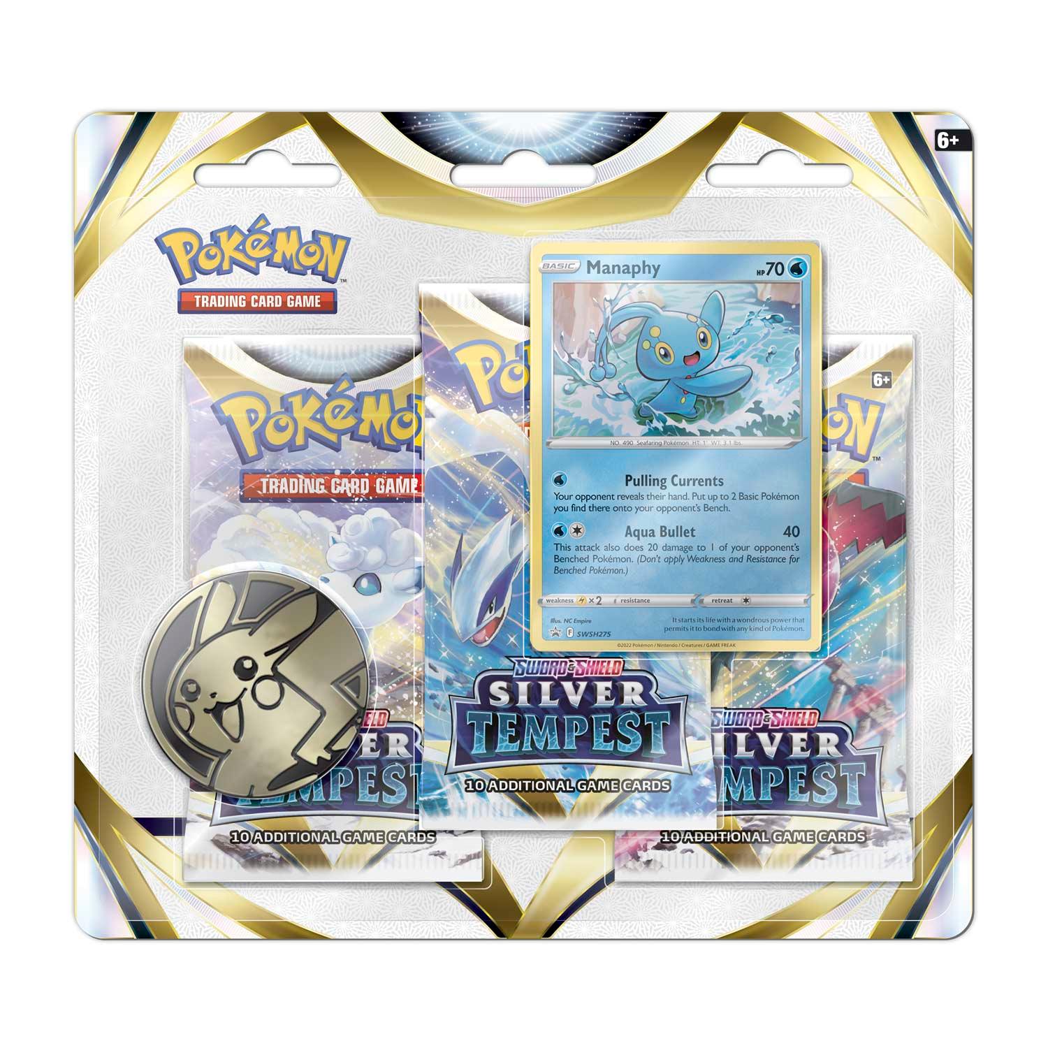 Pokemon Triple Booster Pack - Sword & Shield - Silver Tempest - 3 Boosters Packs & Manaphy Promo Card & 1 Coin - Hobby Champion Inc